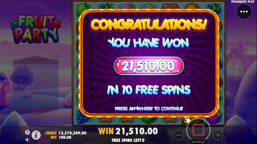 fruit party free spins win